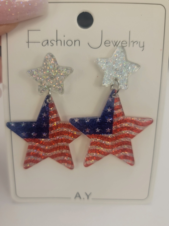 Fashion Jewelry Jewelry - Patriotic Star Dangle Earrings - Red, White & Blue